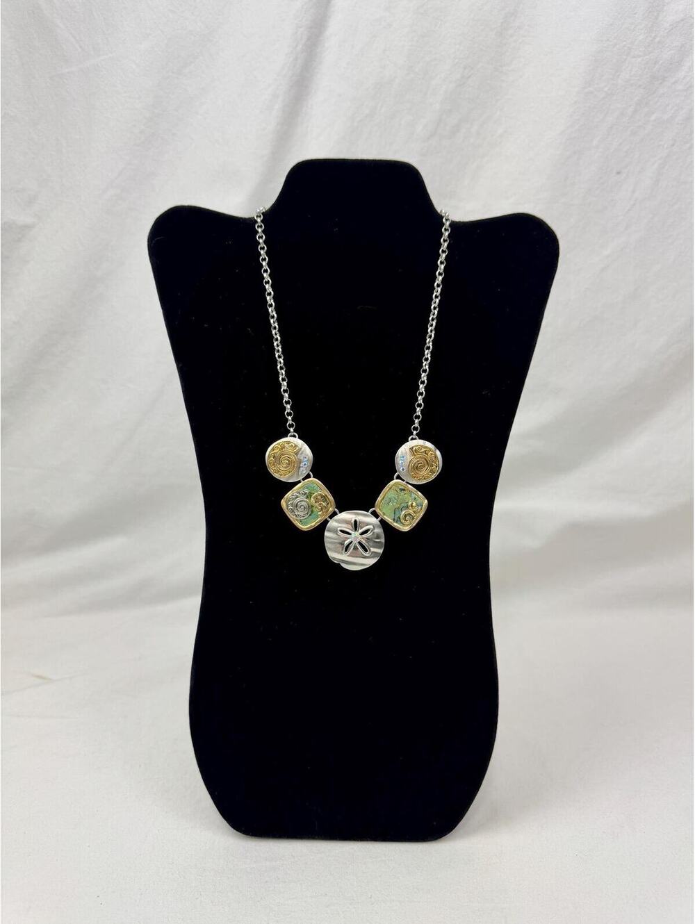 Beachy Silver-Tone Sand Dollar Pendant 16" Costal Necklace, Statement Jewelry